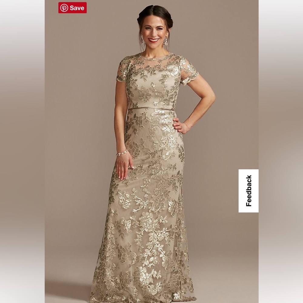 David’s Bridal Lace Appliqué Cap-Sleeve Long Sheeth Dress